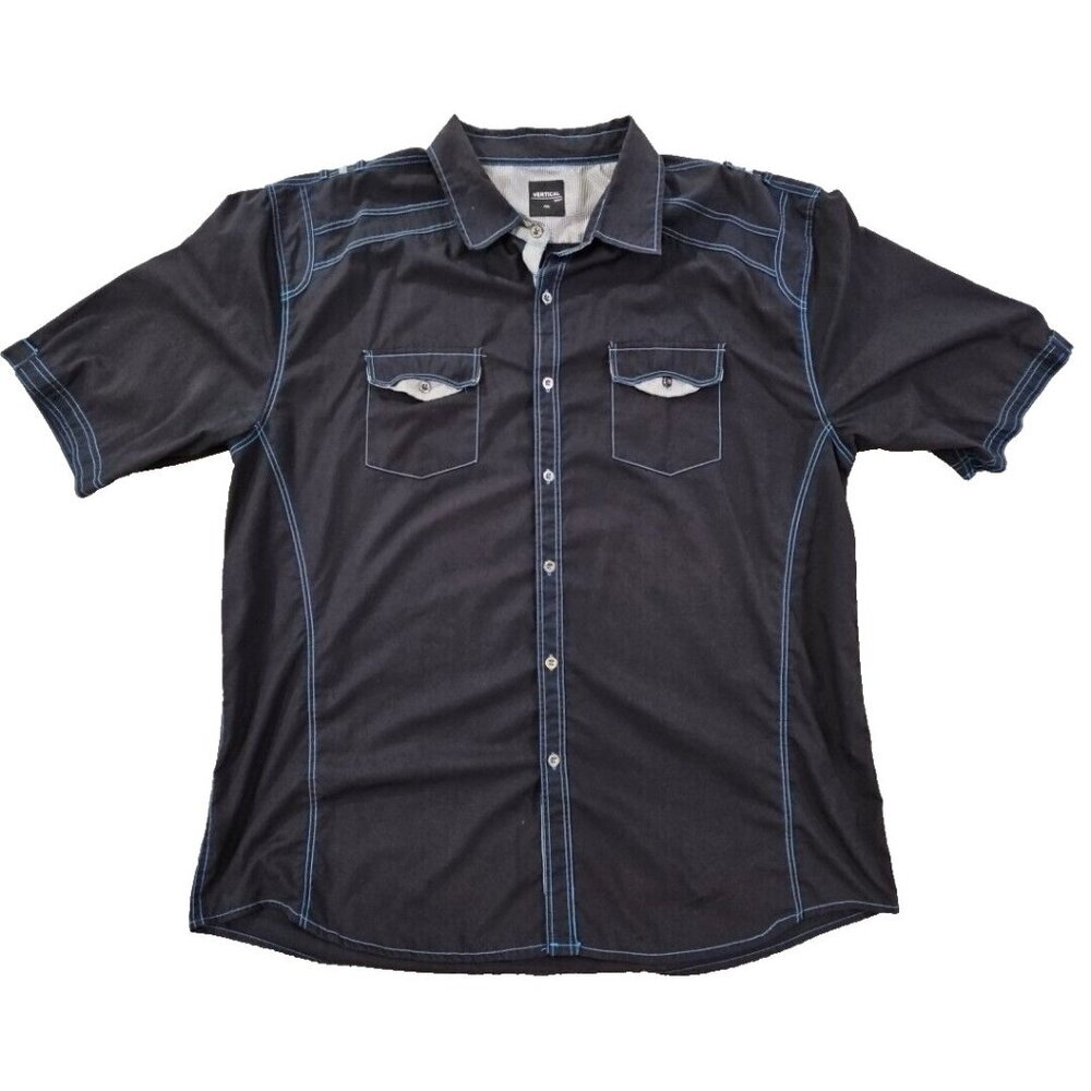 Vertical Sport Men's Button Up Shirt 4XL Short Sleeve Navy with Contrast‎ Stich